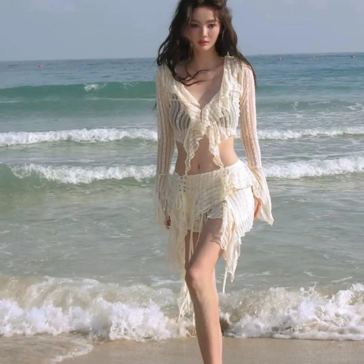 (SML) Sét bikini 4 mảnh nàng thơ ren bèo bikini bên trong màu nâu liền mạch không gọng có mút mỏng và có khe nhét mút hàng cao cấp sẵn kho HCM