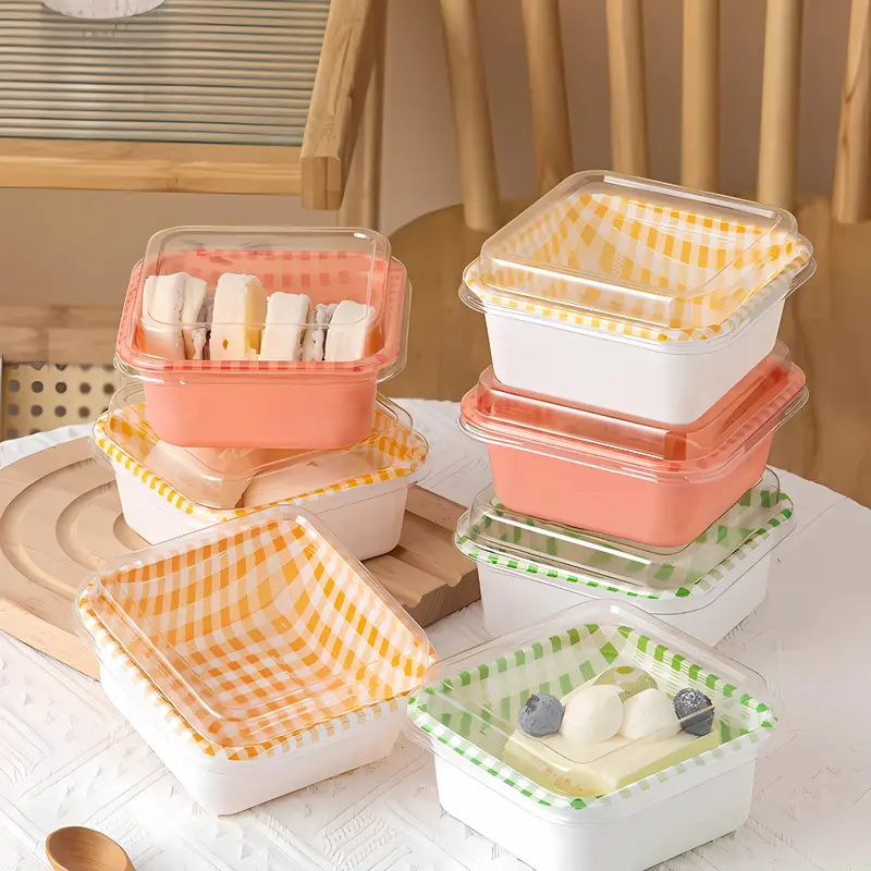 Hộp Bánh Bento Sọc Caro Họa Tiết Sắc Nét Dung Tích 450ml, Hộp Đựng Bánh Kem Tiramisu, Mousse Bento 0