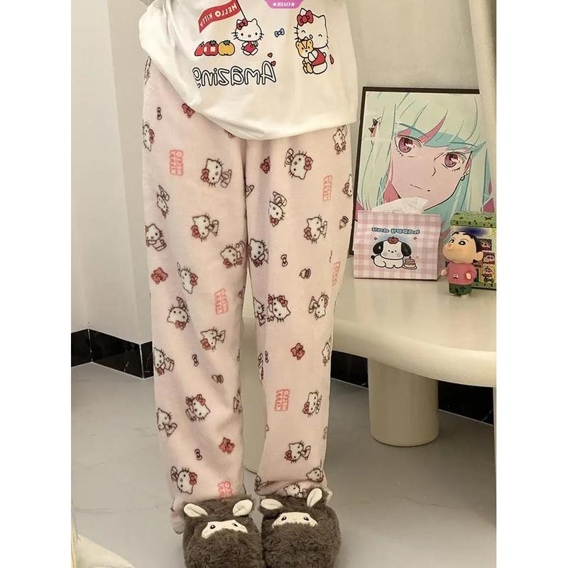 Quần Ngủ Hello Kitty, Dành Cho Nữ, Chất Liệu vải nỉ Mùa Đông, Thiết Kế Hoạt Hình, Giữ Ấm, Thích Hợp Cho Thời Gian Đi Chơi, Được Làm Bằng Lông Cừu San Hô, Quần Mặc Nhà, Tuyệt Vời Làm Quà Tặng Cho Bé Gái Voi Áo 4