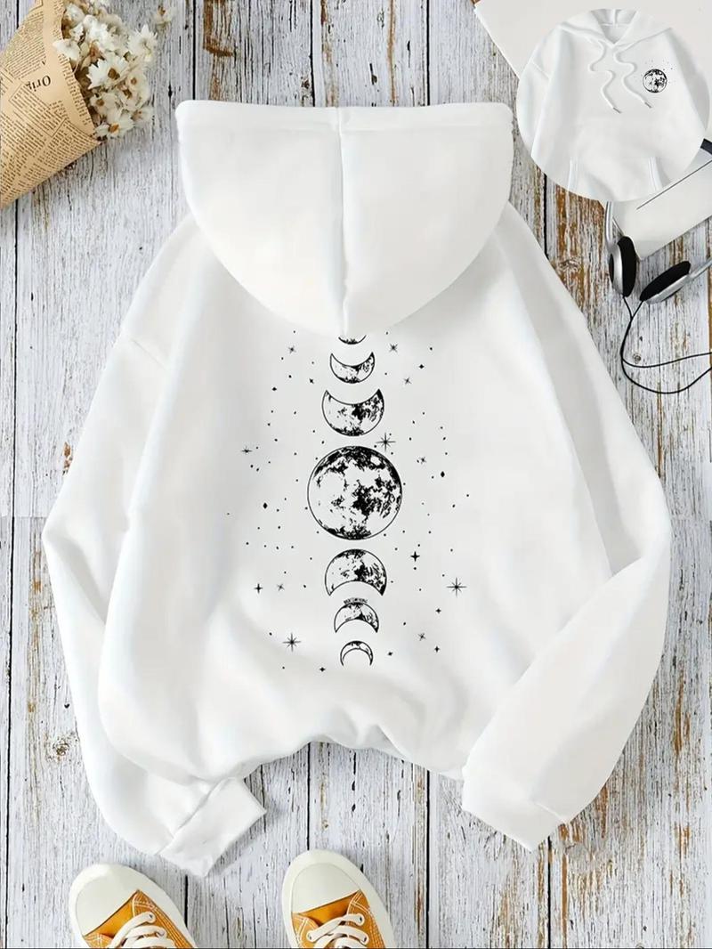 Product Introduction of Women's Star & Moon Print Drawstring Hoodie, Casual Long Sleeve Kangaroo Pocket Hooded Sweatshirt for Fall & Winter, Women's Clothes for Daily Wear 1