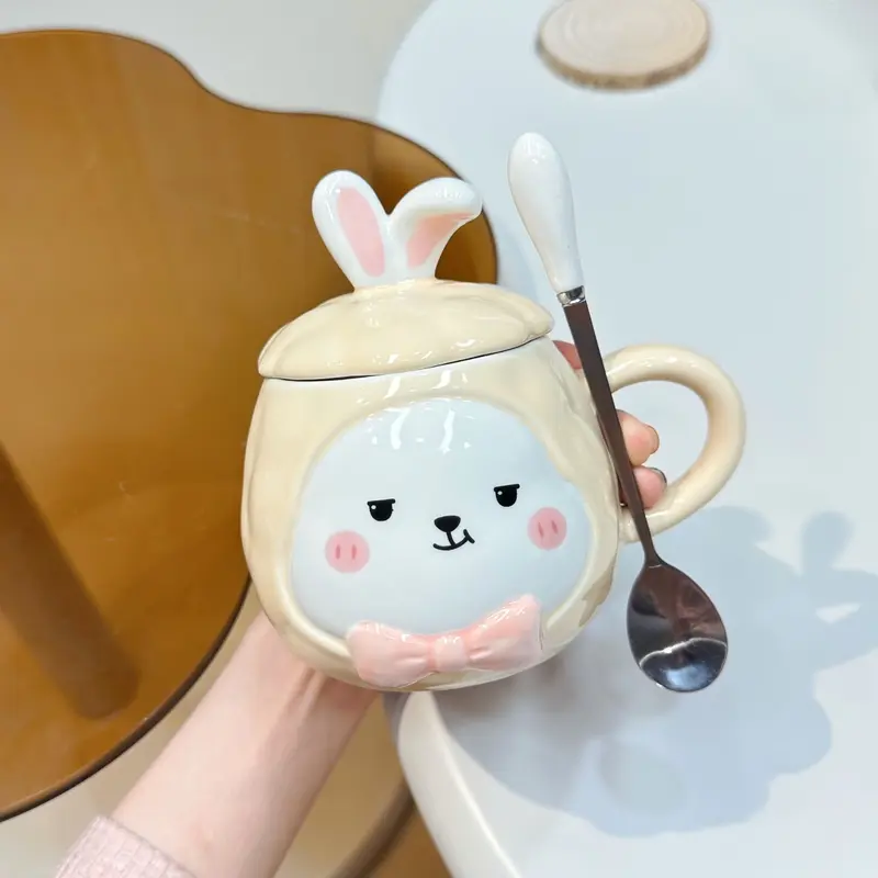 Ly cốc sứ có nắp đậy hình thỏ dễ thương 450ml, cốc uống nước có nắp đậy kèm thìa - TTB 7