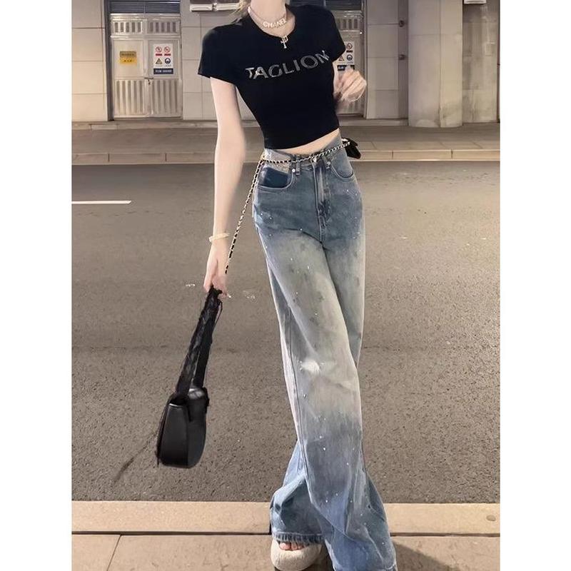 Quần Dài Jean Ống Rộng, Phong Cách Mỹ, Dành Cho Nữ, Thiết Kế Lấp Lánh, Gradient Kim Cương Giả, Cạp Cao, Quần Ống Đứng Và Dáng Rộng Vừa Vặn, Quần quét đất Nhà Đã Giặt, Thời Trang 2