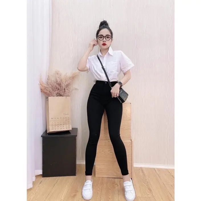 Quần jean nữ lưng cao co giãn quần bò nữ skinny màu đen