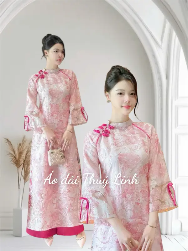 Áo dài cách tân tơ nến vân hoa hồng nhẹ nhàng - Áo dài Thúy Linh -OG -  Nữ Women Dress 1