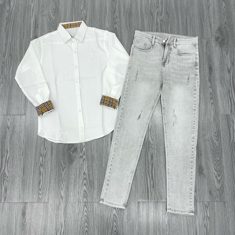 Bộ Áo Sơ Mi Nam Trắng Phối Vải Cổ Tay Áo SMTD03T Và Quần Jean Nam 1905 Bạc