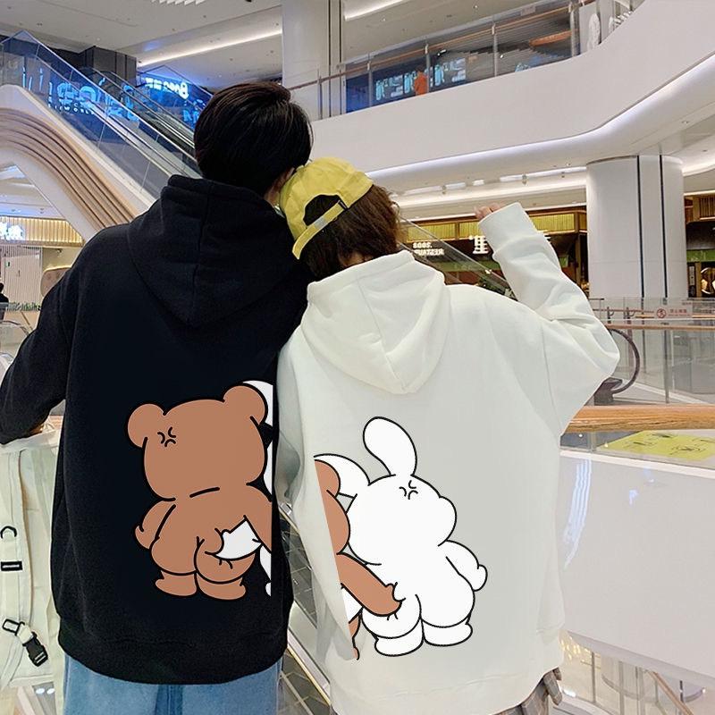 áo hoodie cặp đôi phom rộng dễ thương hình chú gấu bóp mong in sau áo