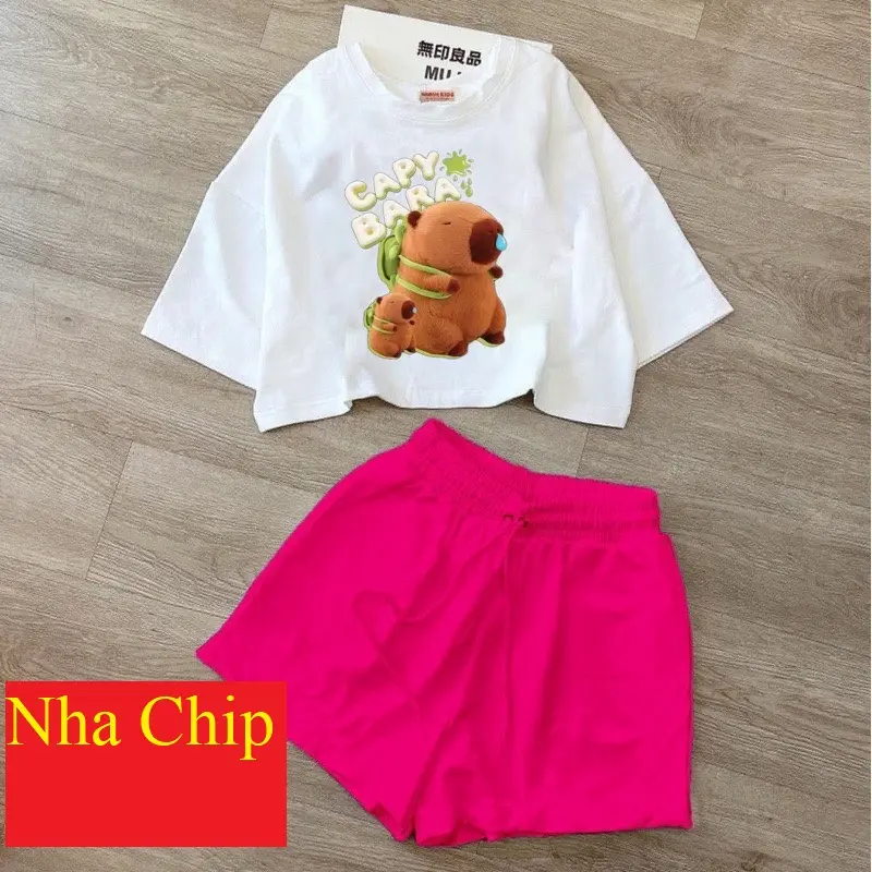 BỘ BÉ GÁI CROPTOP-IN HINH GẤU CAPYBARA Cotton 3