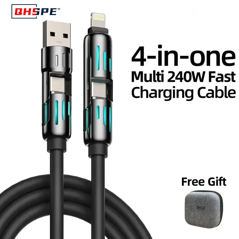 USB,Type C, lightning-Max 240W Fast Charging and Data Sync MFISH 4-in-1 Multi-Function USB Charging Cable for iOS