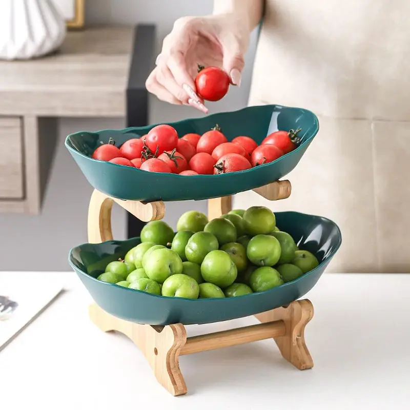 Fruit Bowl Set, 1 Count 2/3 Layer Fruit Snack Storage Bowl with Wooden Stand, Multifunctional Fruit Organizer for Home Kitchen Restaurant, Rack 7