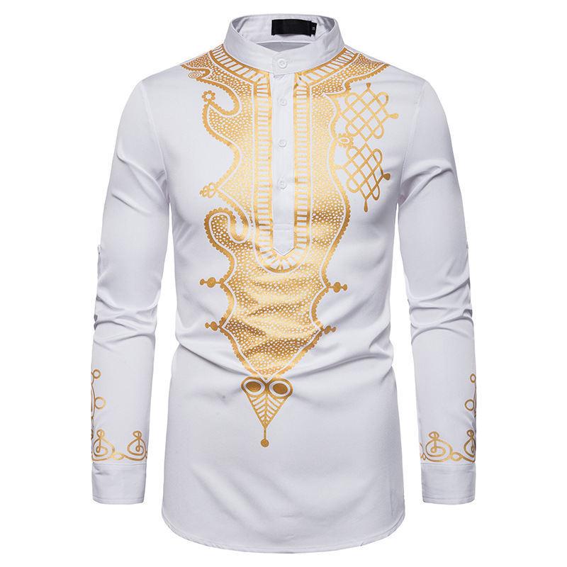 Product Introduction of Discount Fashion Men's Casual Fashion Bronzing Pullover Shirt Totem Long Shirt Muslim Straight Shirt 5