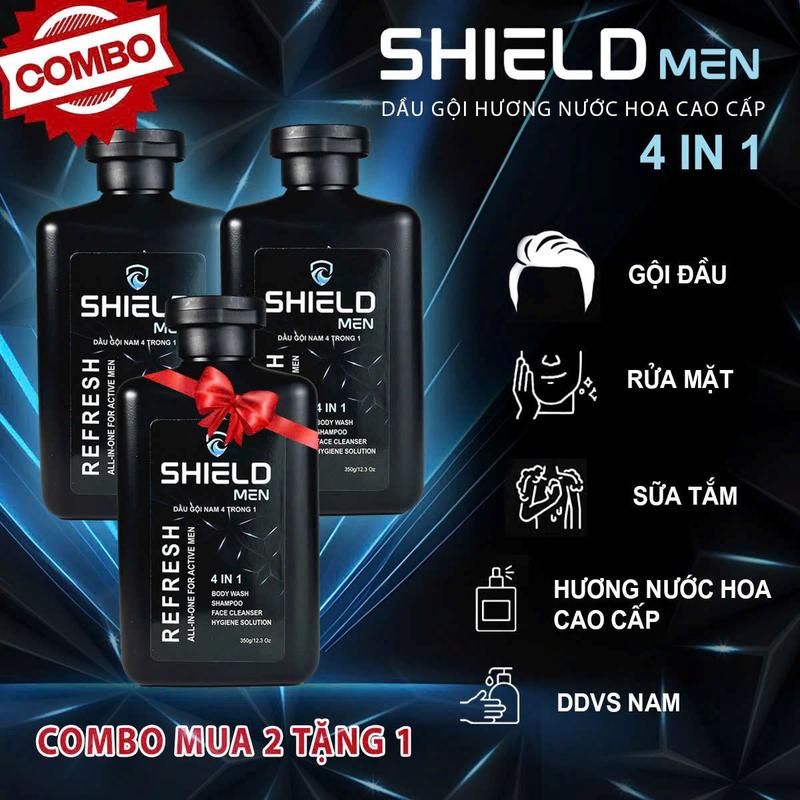 [ Mua 2 tặng 1 ]  Combo 3 chai Dầu gội nam hương nước hoa cao cấp 3 trong 1 Shield Men 350ml không chứa cồn Dưỡng tóc Khử mùi hôi Thơm mat toàn thân by Shield Men Vn Chăm Sóc Tóc Nam Giới Bảo vệ cơ thể
