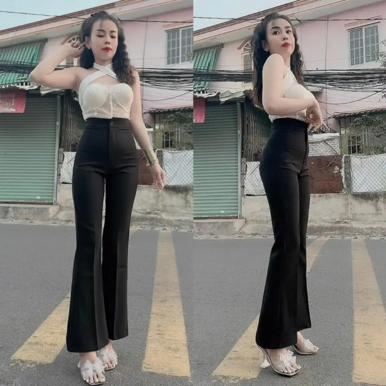 Q95 Quần loe lưng cao,dài 95 cm cho người  m48-m52 . Chất vải Mango Nhật co giãn tốt,mềm mịn, không nhăn nhàu. Pants Nữ Voi Ươmen