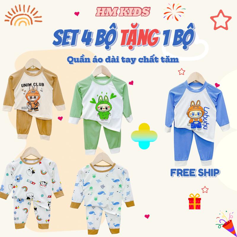 [Được chọn hình][Mua 4 Tặng 1]SET 5 Bộ Dài Tay Chất Tăm Lạnh Hình In LABUBU Cho Bé Trai,Bé Gái Từ 5kg-14kg