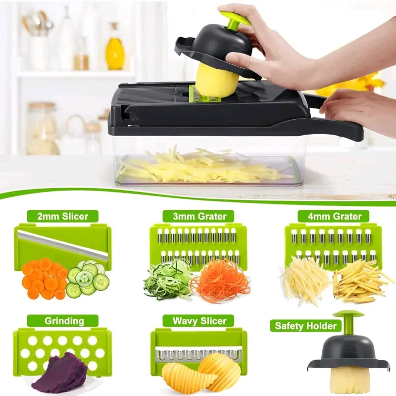 15 in 1 Vegetable Chopper,  Vegetable Slicer Fruit and Vegetable Dicing Machine, Food Slicer Veg Chopper Manual Onion Slicer Dicer Chopper Cutter Veg Slicer (Gray) Viral ticktock top product ,Kitchen Detachable Blade Set heat resistant casual green durabl 6