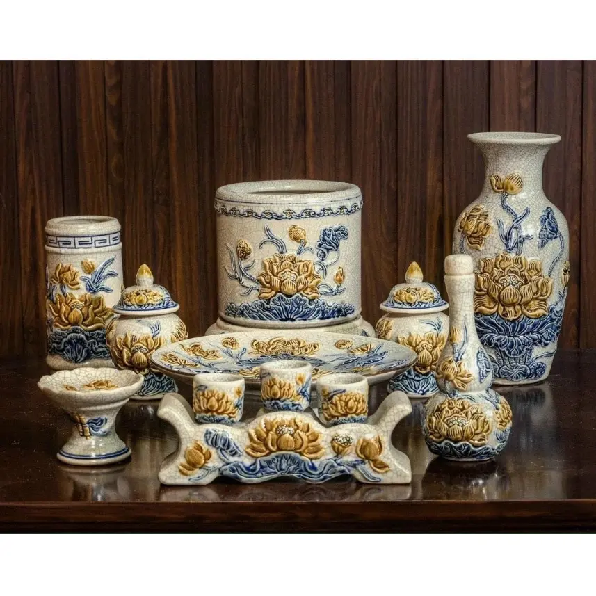 đồ thờ cúng - bộ thờ cúng men rạn nổi đắp hoa sen gốm sứ bát Tràng Trang Trí Nhà Decor Decor Phòng đènthờ thầntài