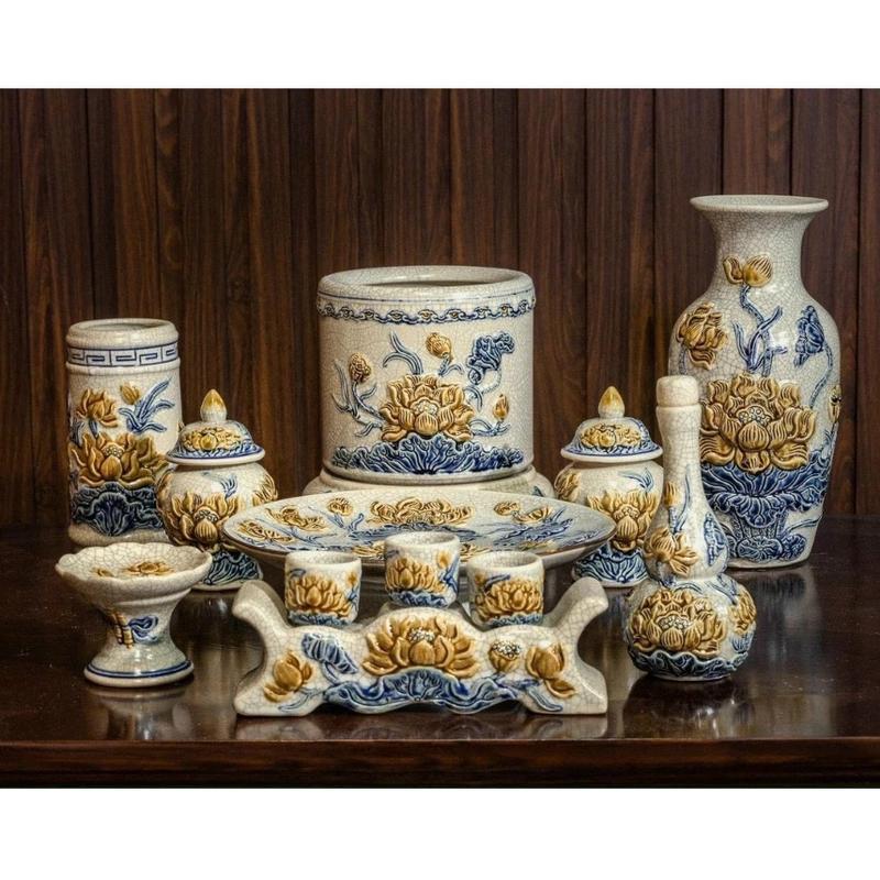 đồ thờ cúng - bộ thờ cúng men rạn nổi đắp hoa sen gốm sứ bát Tràng Trang Trí Nhà Decor Decor Phòng đènthờ thầntài