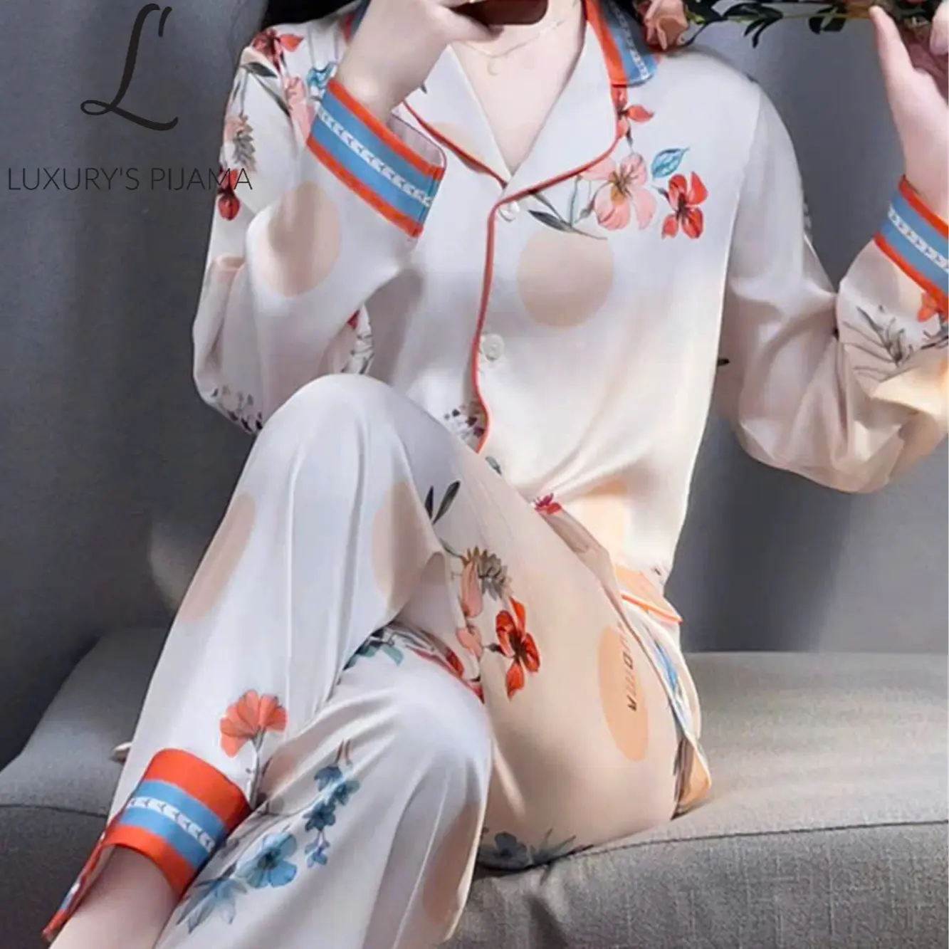 Đồ bộ Nữ LUXURY'S PIJAMA tay dài hoa xanh cam TD00010 đồ  bộ  lụa  latin