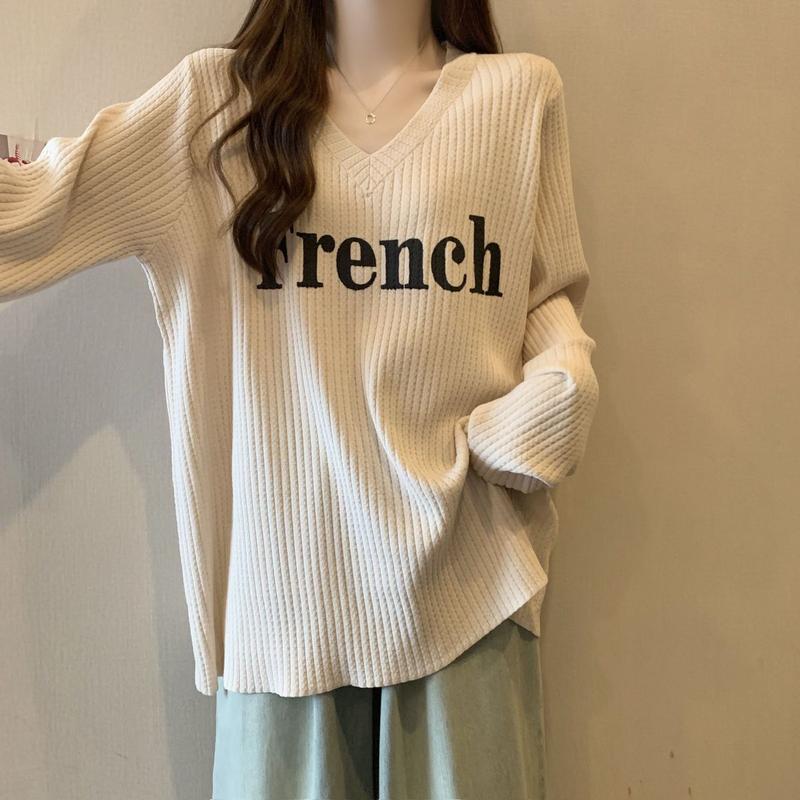 Product Introduction of Áo Thun Dài Tay Dáng Rộng Cổ Chữ V, Cỡ Lớn, Phong Cách Lười Biếng, Quần Áo Nữ, Phong Cách Mới Đầu Thu, Che Thịt, Dễ Phối Đồ, Áo Thường Ngày Dài Trung Bình Thời Trang 4