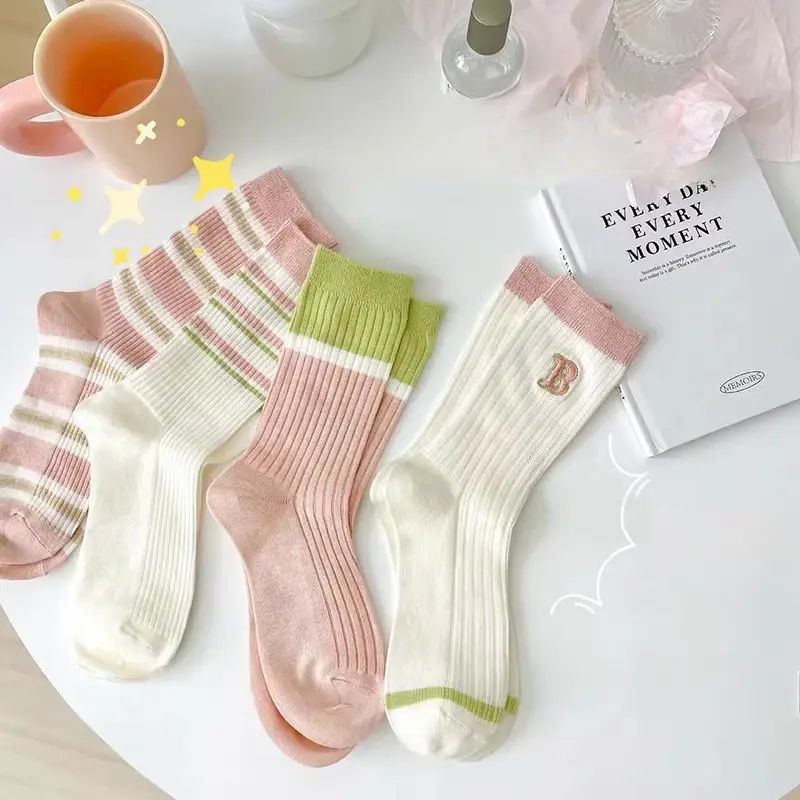 Socks for Women 2024 Summer New Wind College Striped Color Collision Stacked Socks Mid-calf Cotton Socks Cute Japanese Stockings