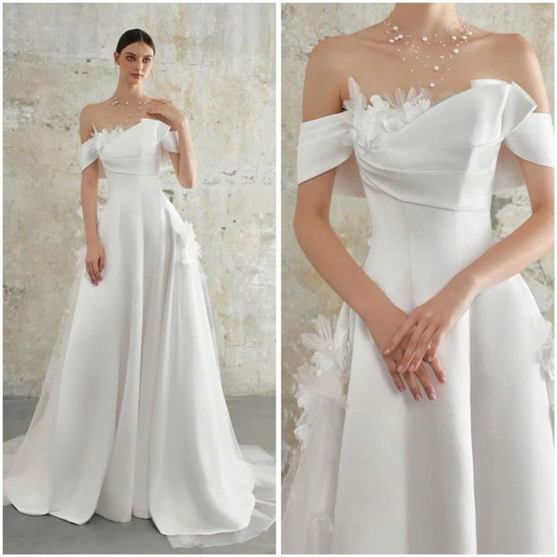 Đầm cưới váy trắng cô dâu đi bàn trễ vai tiểu thư đính hoa tà lưới Annie