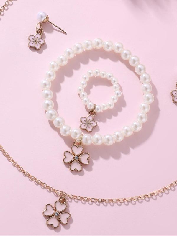 Cute Four-leaf Clover Design Faux Pearl Decorated Jewelry Set, Fashion Necklace Earrings Ring Bracelet for Girls, Trendy All-match & Exquisite Jewelry for Birthday Gift 8