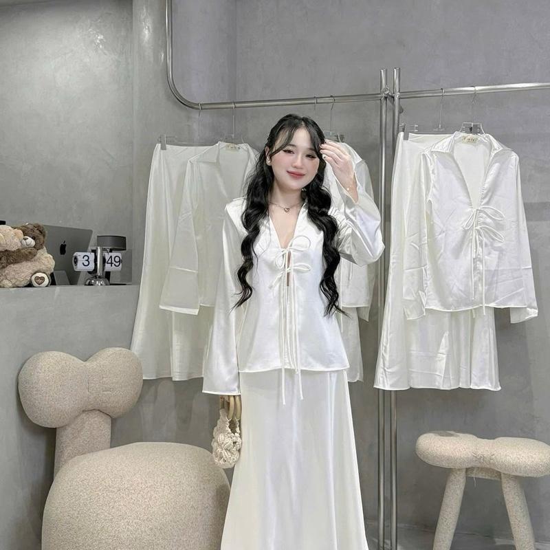 [ Bèo Béo Bigsize ] Set Thời Trang Nữ Lụa Satin Áo Cổ V Đan Dây Tay Dài Mix Chân Váy Đuôi Cá Form Bigsize 60-90Kg ( Tặng Kèm Áo Ống)