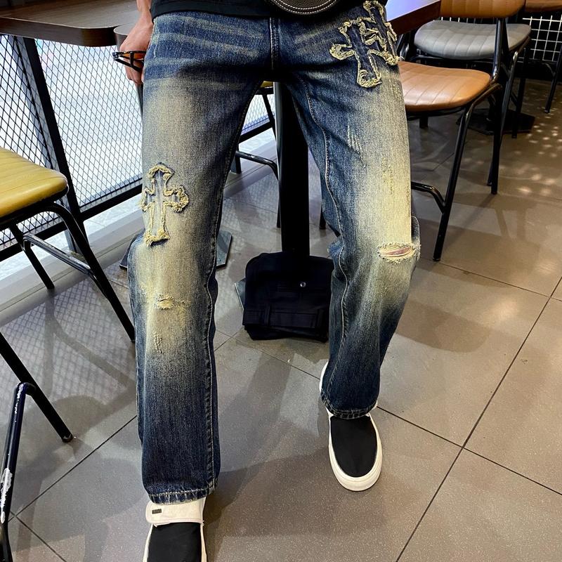 Quần suông nam thêu thánh giá màu xanh rêu đậm chất xịn vải dày dặn jean suong