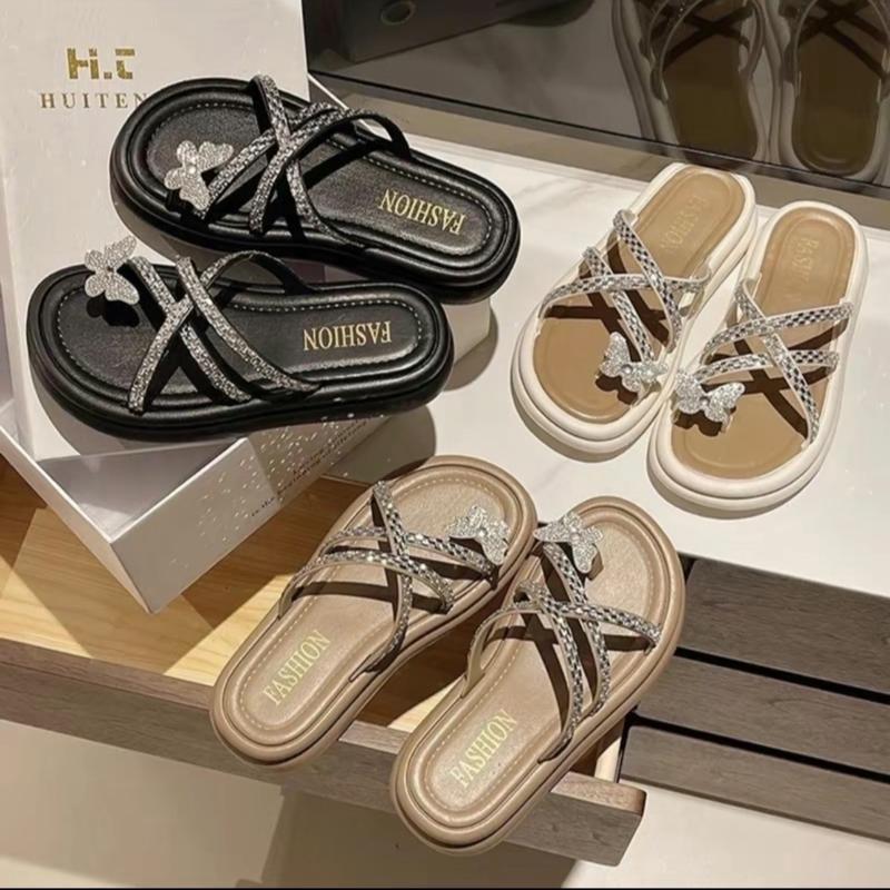 Dép nữ xỏ ngón đính đá hồ điệp xinh đẹp, dép nữ kiểu sang chảnh đính đá đế cao 4cm hot nhất hiện nay