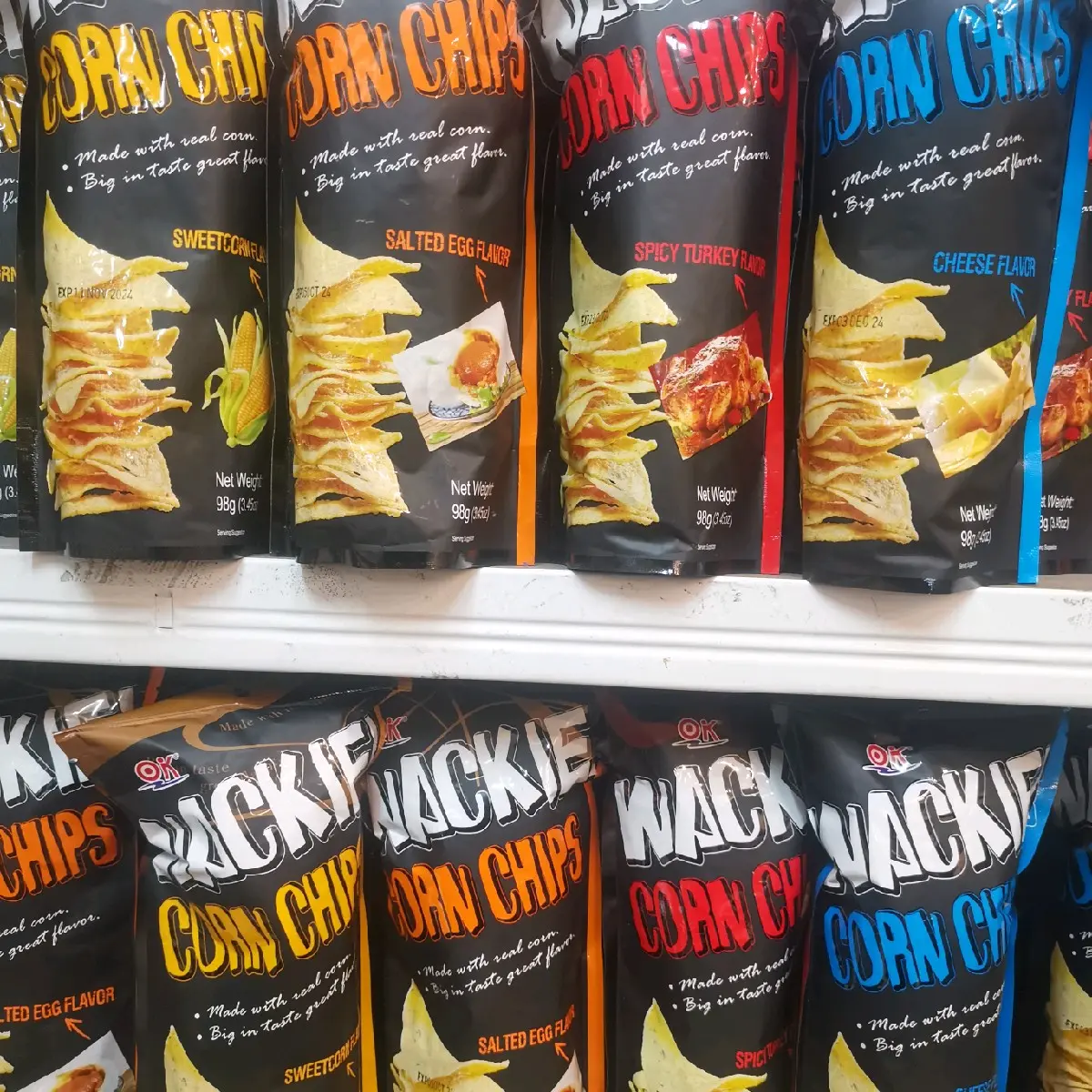 Wackie Corn Chips 98g 4 flavors Salted Egg, Cheese, Sweet Corn, Spicy Turkey