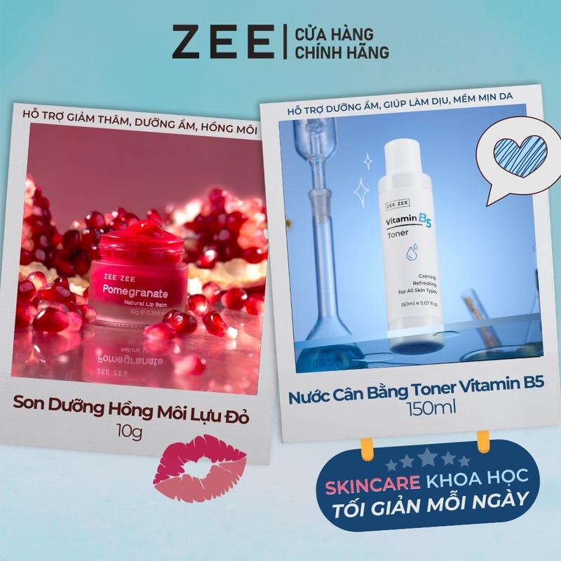 [SPECIAL COMCO] Son dưỡng hồng hỗ trợ giảm thâm môi lựu đỏ 10g + Nước cân bằng cấp ẩm làm mịn da Toner Vitamin B5 trà xanh cúc la mã 150ml ZEE ZEE Skincare