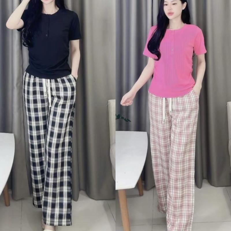 Đồ Bộ Nữ Mặc Nhà 45-85kg Bigsize Đồ mặc nhà dễ thương đi chơi đẹp cá tính Áo Có Nút Quần Thun Gân ép có 2 túi Thun Gân Tăm Lạnh Mát Co Giãn Thời Trang Bigsize DB668 Top