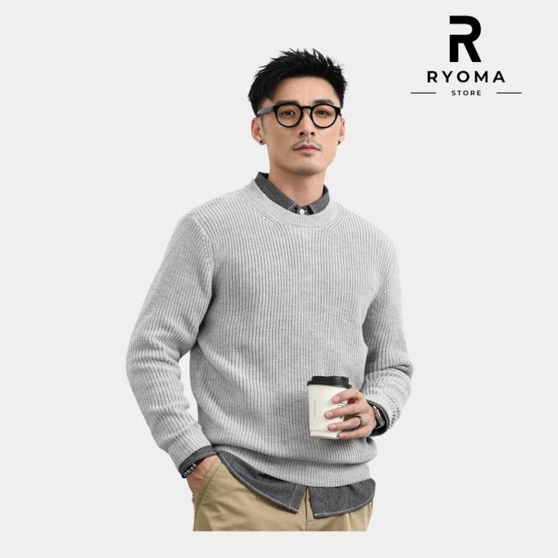 Álen cổ tròn nam nữ, álen RYOMA, chất len lông cừu hạt gạ, dày dặn, ấm áp, form dáng Hàn Áo Menswear Đen 2