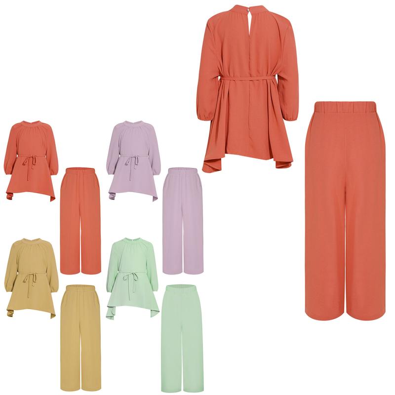 Sholeno Kids Girls Casual Muslim Outfit Round Neck Long Sleeve Loose Ruffled Top with Wide-Leg Pants Belt 0