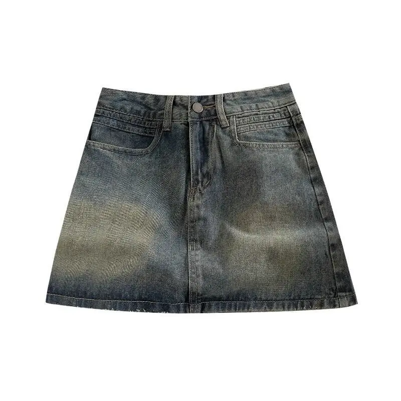 Retro Dark Short A- Word Denim Skirt 2024 Spring New Women's High Belt Lined Skirt Womenswear Bottom Lingerie Lady