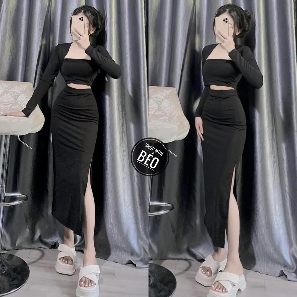 Set Váy Dài Xẻ Đùi Kèm Áo Tay Dài Cổ Vuông Chất Thun Dẻo Co Giãn Thích Hợp Mặc Đi Tiệc Đi Làm Đi Chơi
