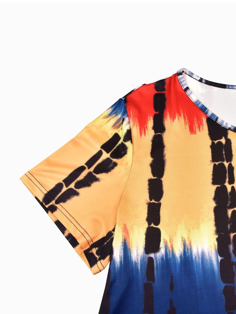 Product Introduction of Women's Plus Size Tie Dye Print Round Neck Tee Dress, Elegant Short Sleeve Crew Neck Dress for Summer, Fashion Women Plus Clothing for Daily Wear 6