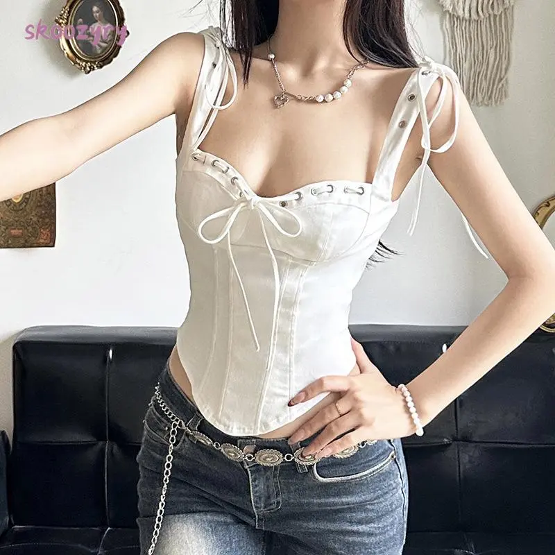 Áo Ba Lỗ Corset Mùa Hè, Dành Cho Phụ Nữ, Phong Cách Thường Ngày Cổ Điển, Có Dây Rút, Nơ, Áo Sơ Mi Không Tay Áo Vest Cơ Bản, Quần Áo Thẩm Mỹ, Thích Hợp Cho Thời Trang Đường Phố