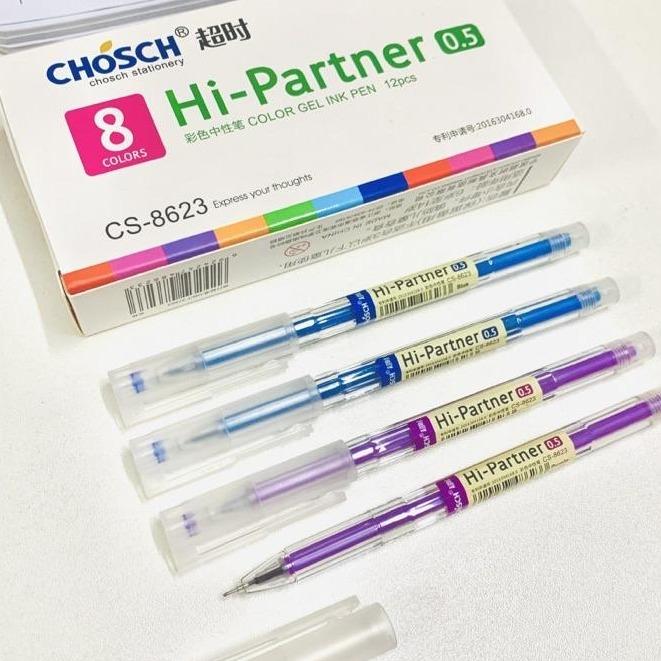 [CS8623] HỘP 12 Cây Bút Gel Nước/ Viết Gel Nước Chosch Hi-Partner CS-8623 / CS 8623 Ngòi Kim 0.5mm (Mực Xanh, Đỏ, Tím, Đen)