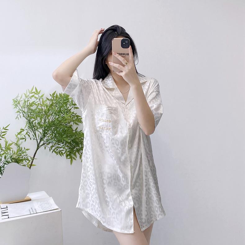 Product Introduction of 2025 New Ice Silk Nightdress for Women Summer Short Sleeve Cardigan Mid-Length Pajamas Thin Sexy Loose Loungewear 17
