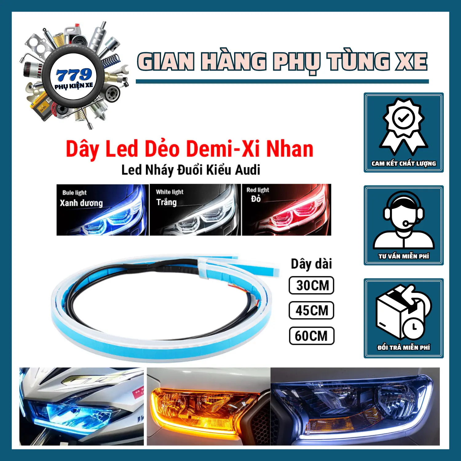 Led Mí Xi Nhan Chạy Đuổi Audi 12V/ 24V Hiệu ứng xếp gạch Chống Nước Lắp Ô Tô Xe Máy