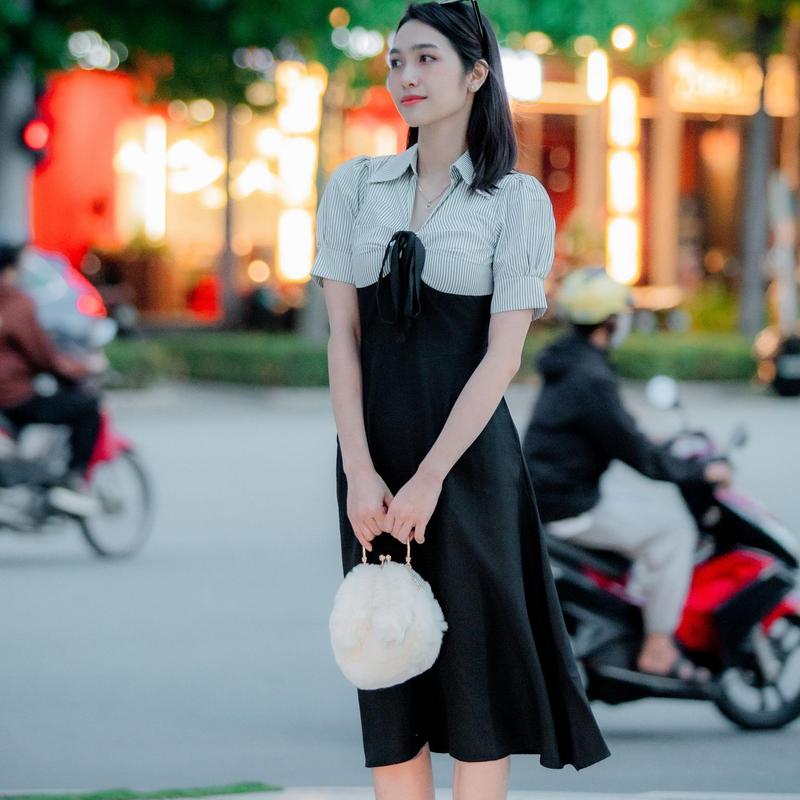 Đầm dự tiệc nữ tay ngắn phồng phối cổ sơ mi tiểu thư, váy đầm dáng dài xòe vải cotton lạnh cao cấp - RABITSWHITE 2
