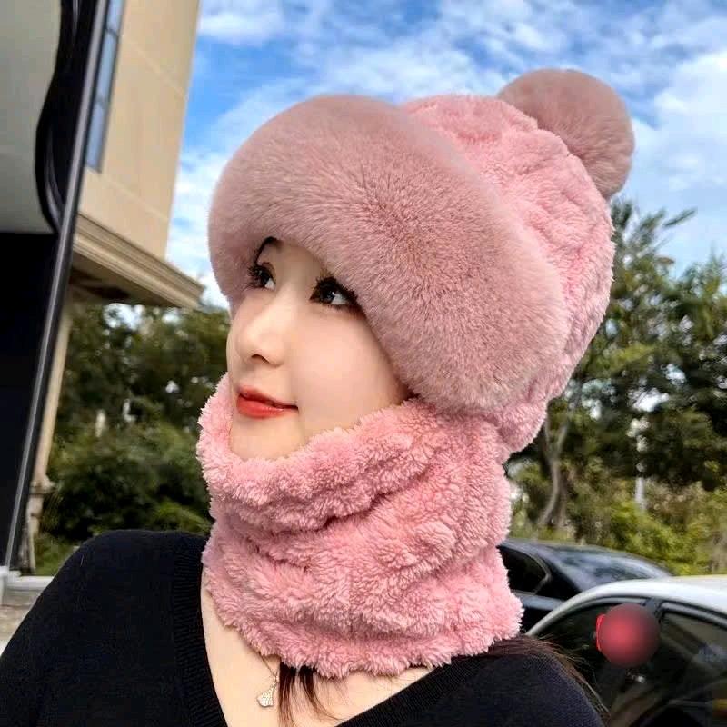 Mũ quả bông kèm khăn quàng bịt kín ấm áp cho mùa đông họa tiết len nổi Hat Nón Women Nữ 2
