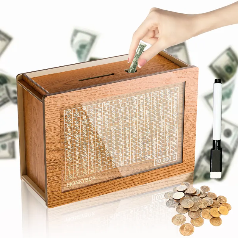 Cash Vault Wooden Savings Box,Wooden Cash Saver Money Box,Wooden Piggy Bank Coin Bank with Counting Target,Wooden Coin Bank for Boys and Girls
