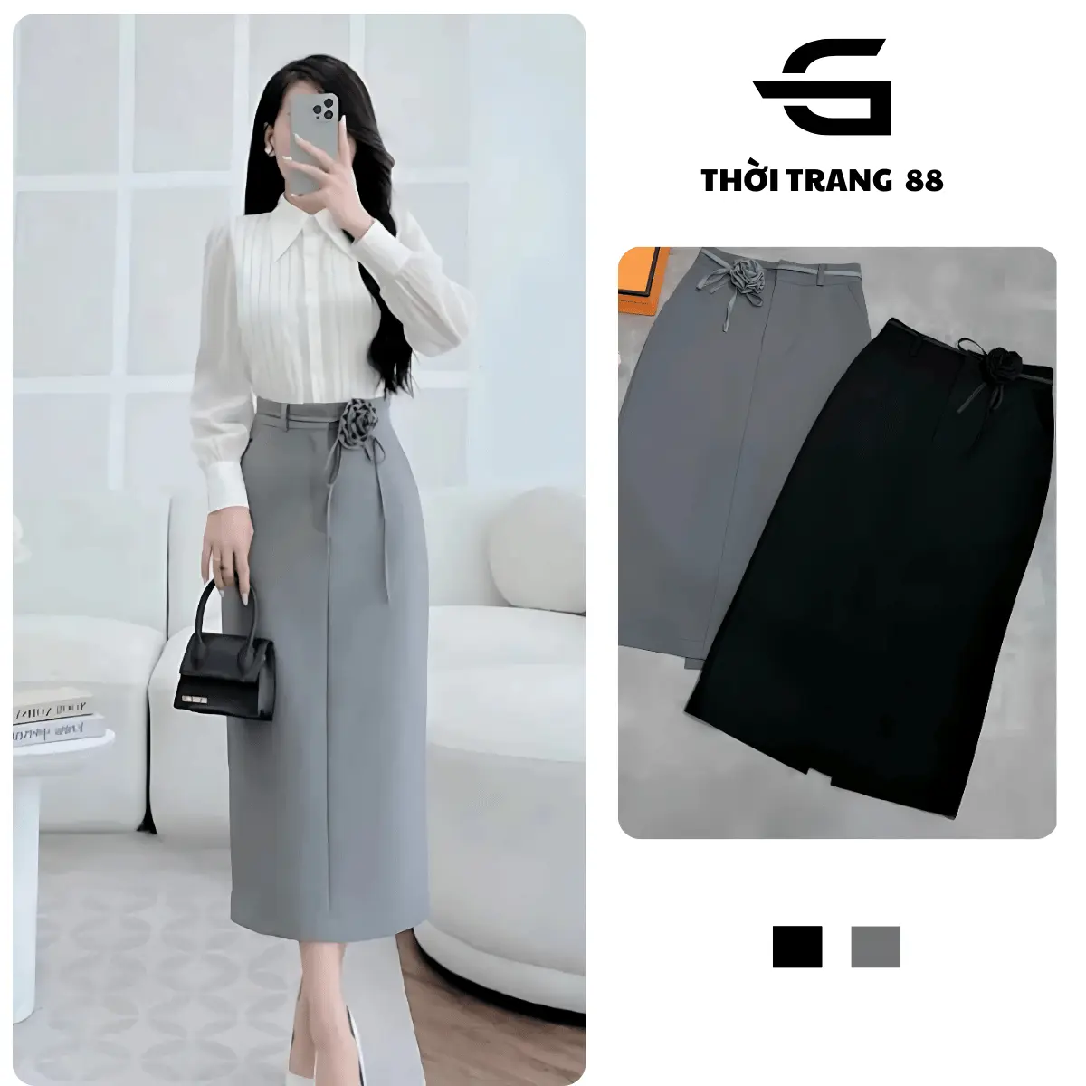 Chân váy dài công sở form suông cạp cao kèm hoa thắt eo cao cấp sang trọng thanh lịch - CV009 - Kem, Nữ Women