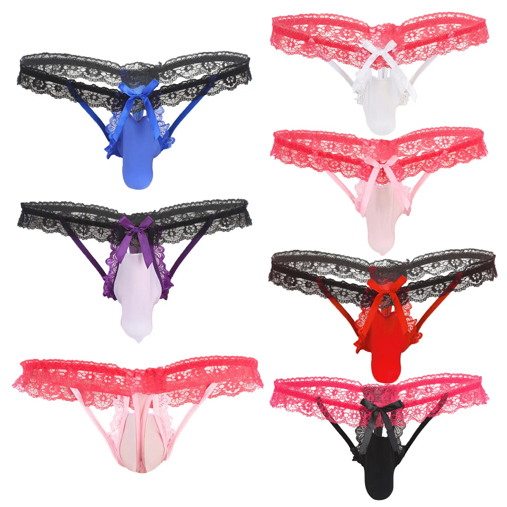 Venjoe Men's Lace Crossdress Panties Sissy Pouch Underwear Frilly Thongs French Maid Briefs Underpants