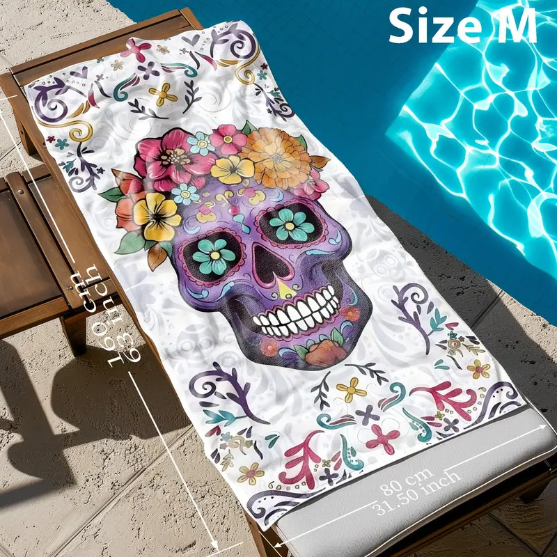 Skull & Floral Pattern Beach Towel, Soft Absorbent Towel, Rectangular Towel for Travel, Yoga, Swimming, Fitness, Picnic 3