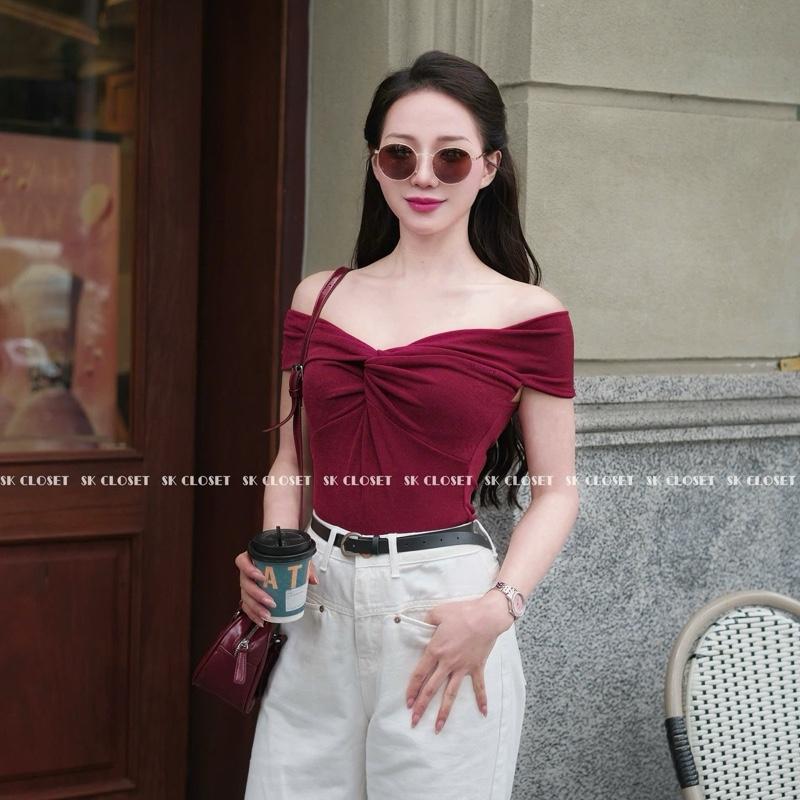 AC12 - Áo Thun Nữ Ngắn Tay Trễ Vai Xoắn Ngực  Ôm Body Chất Thun Nhũ Siêu Co Giãn Mềm Mịn Thanh Lịch Sang Trọng