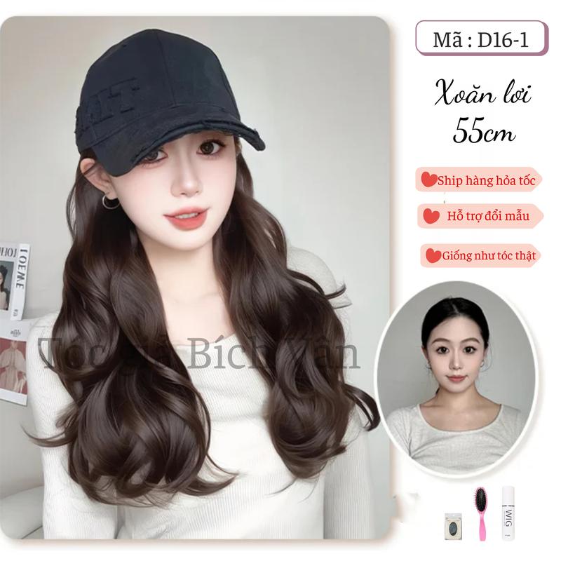 Tóc giả nữ có mũ đội , mũ lưỡi trai tóc giả xoăn lơi 55cm Bích Vân