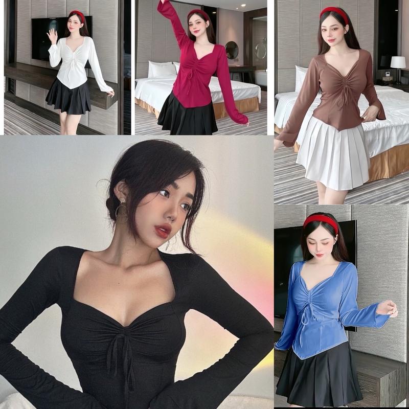   Xả Kho  Thời Trang Bigsize Áo Thun Dây Rút Vải Thun Tăm Lạnh QC 50 - 100Kg Dễ Thương Top Nữ Cổ Tròn Women - B.1210 