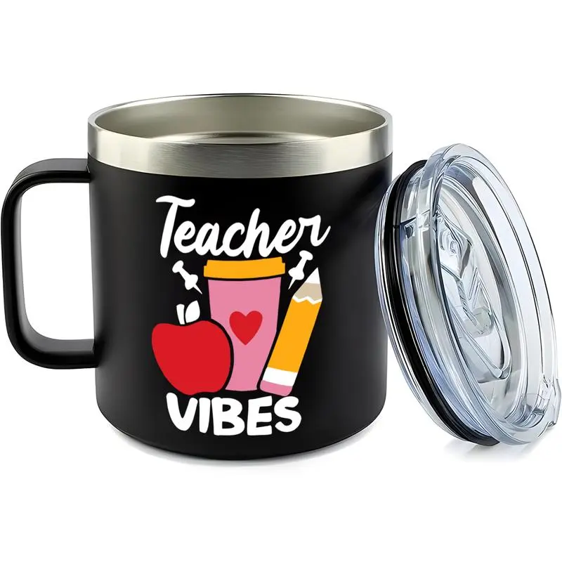 Teacher Vibes Letter Pattern Vacuum Flask, 14oz Stainless Steel Insulated Coffee Mug, Leak Proof Water Bottle for Home Office School, Drinkware 4